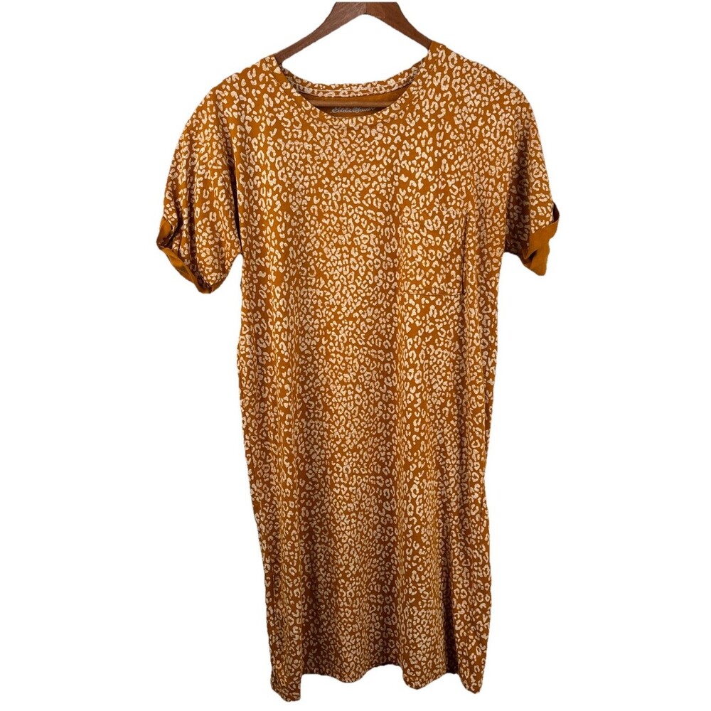 Eddie Bauer M Brown Leopard Print Short Sleeve Jersey Tee Dress T-Shirt
